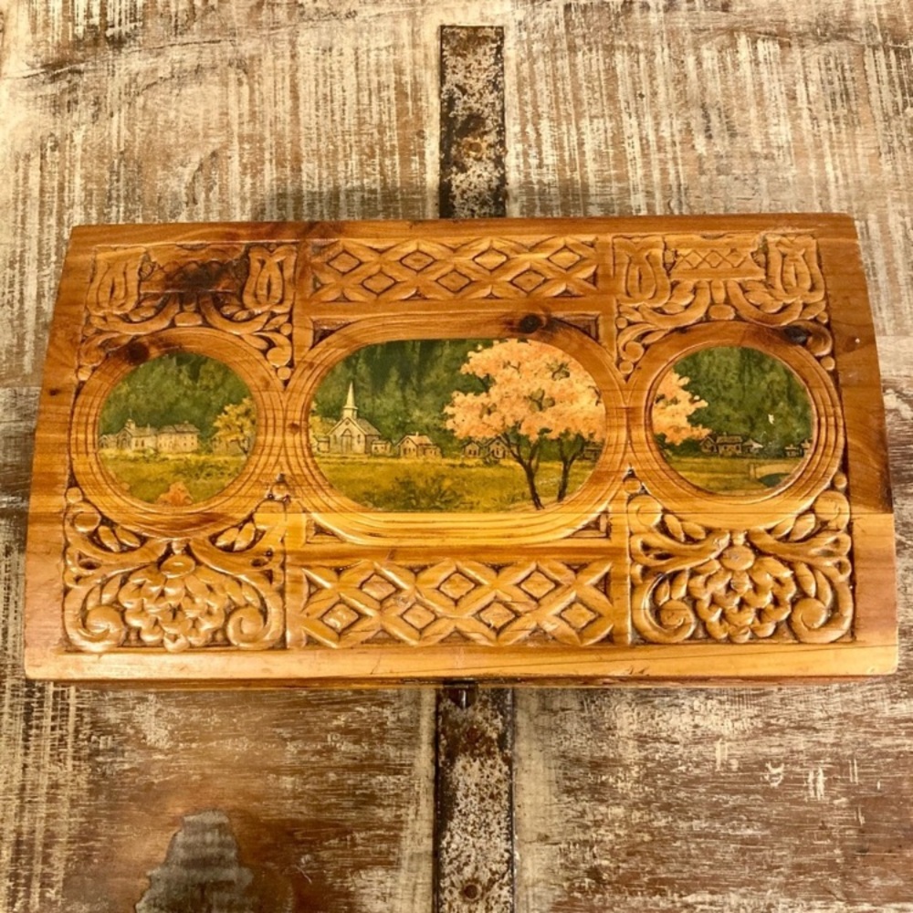 Scenic Carved Wood Box Document Box Glove Box Box Decorative Jewelry Box - Picture 3 of 16
